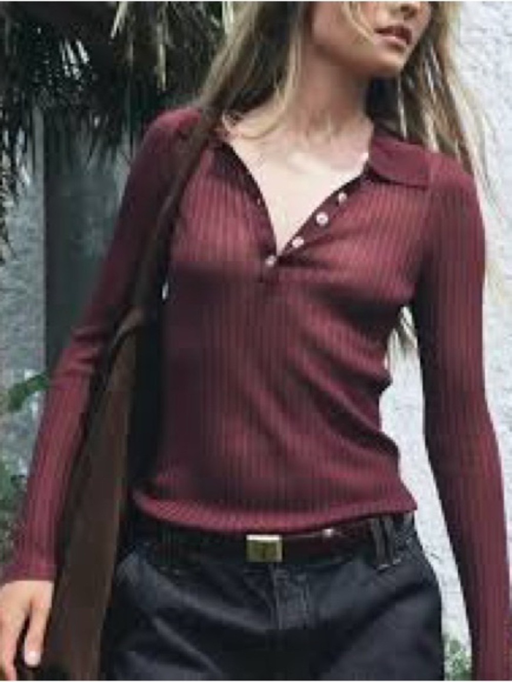 Zara - Burgundy Sheer Textured Half Button Long Sleeve Blouse Size Medium